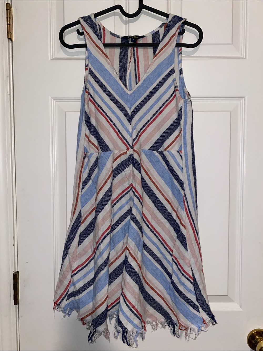 Indigo Rein V-Neck Striped Mini Dress Blue, White &‎ Red Handkerchief Frayed Hem